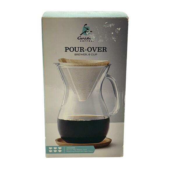 Caribou Coffee Pour Over Brewer 6 Cup NIB Traditional Rustic Style Coffeemaker - Picture 1 of 14
